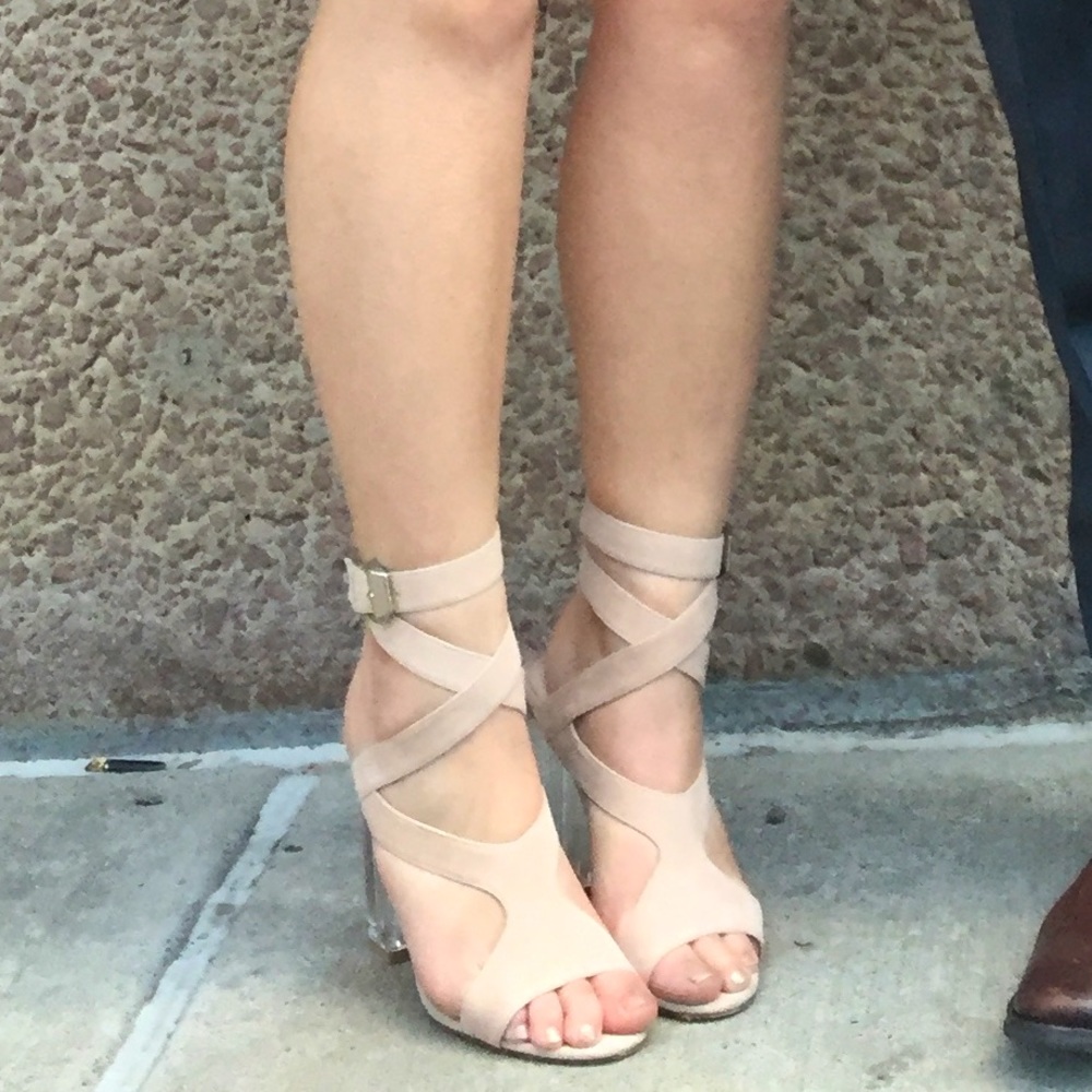 COPY - Light Sand Tan Nude and Clear Acrylic Wrap Heels